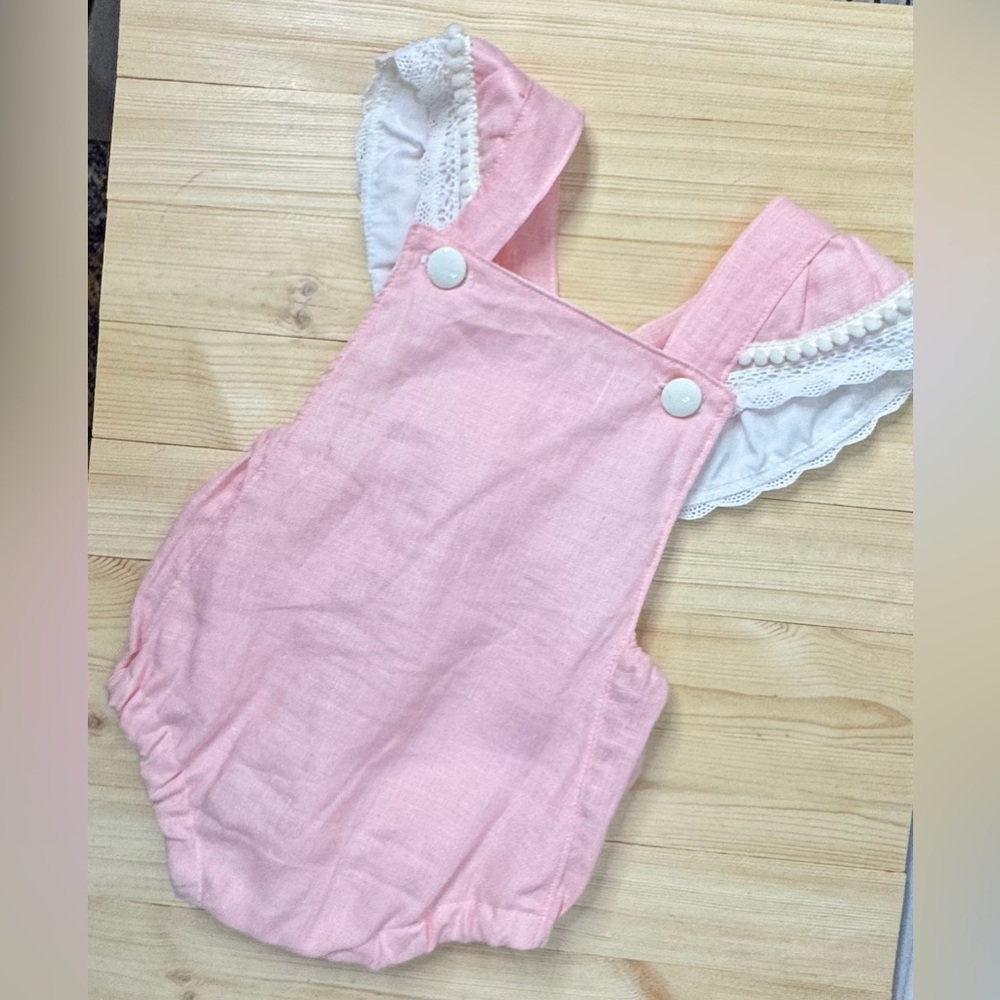 Little Badger Pink Ruffle Bubble Romper 12M Linen Blend Lace Baby Boutique - Picture 3 of 6